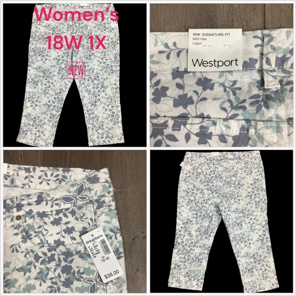 Westport Pants - Womens Westport Dressbarn 18W Pants Capri Floral Mid Rise White Blue Stretch NWT